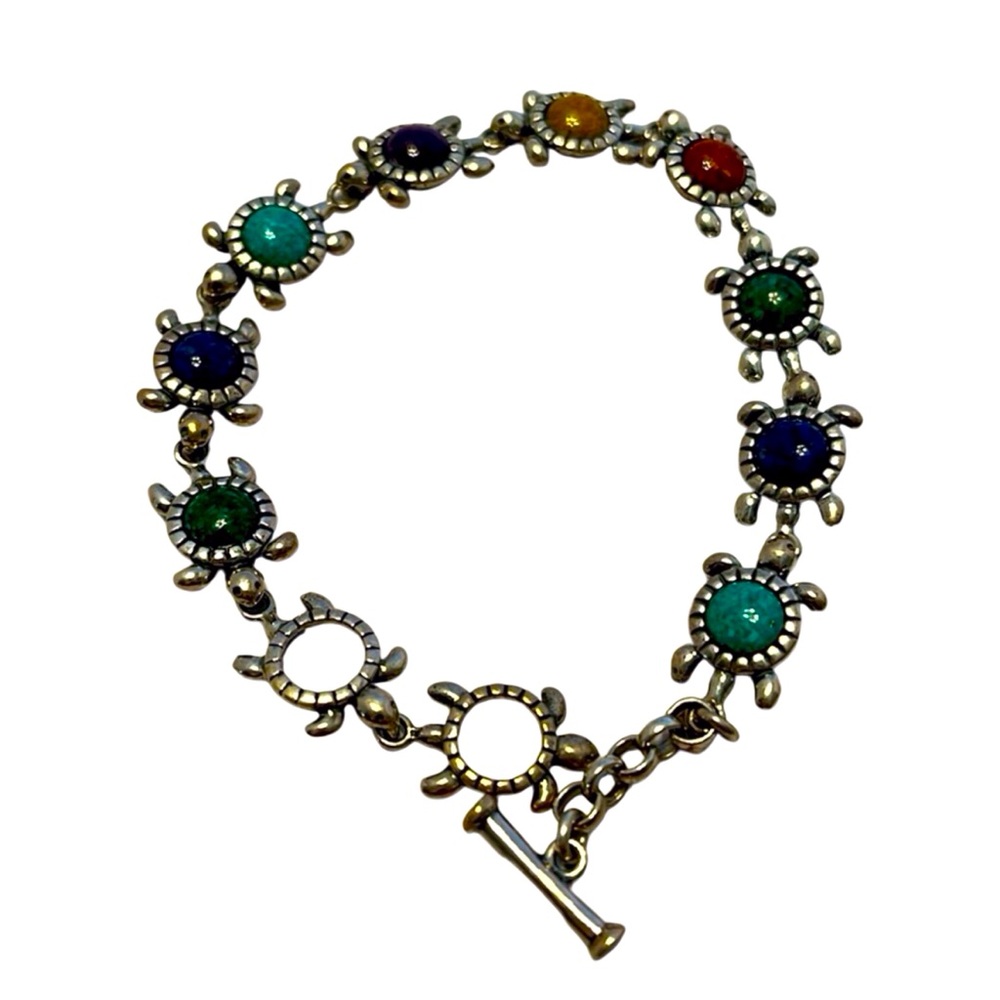 Vtg Carolyn Pollack Sterling Silver Multi Stone Turtle Bracelet. Pre Owned